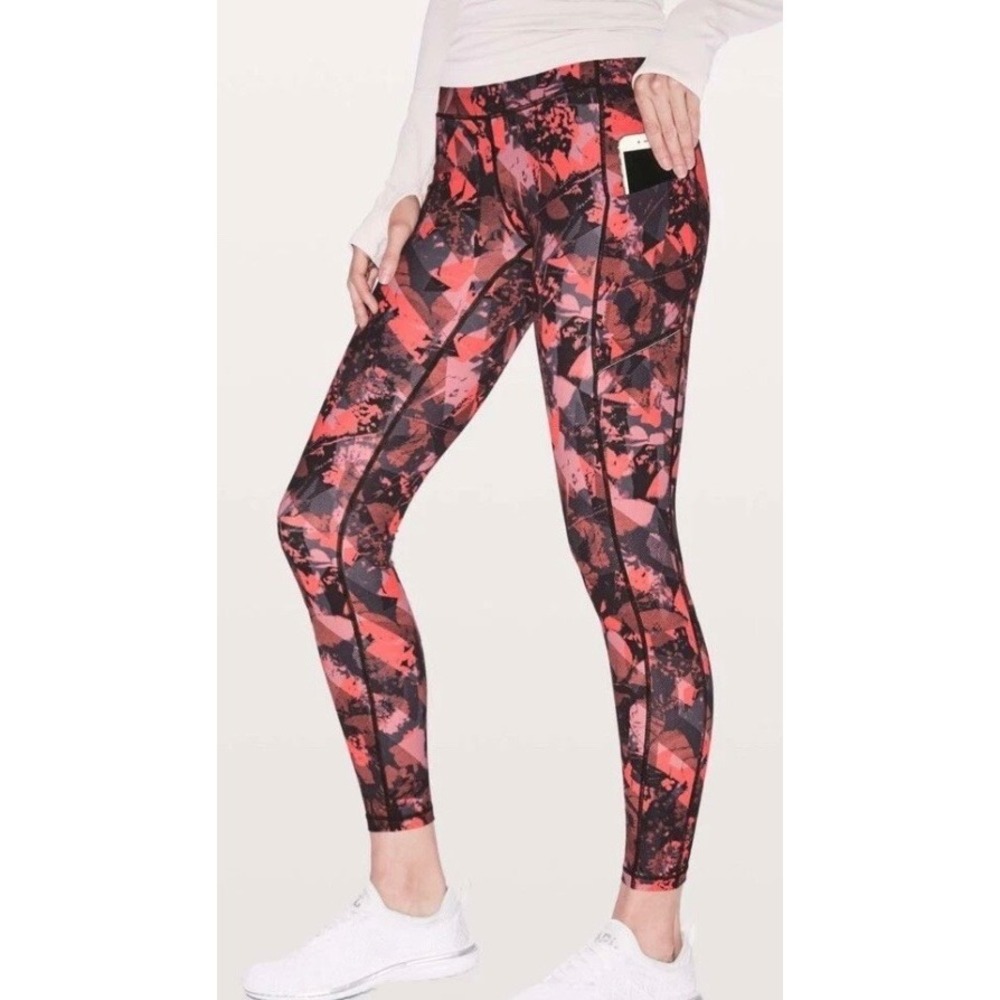 Lululemon Athletica Speed Up Leggings Geometric Print Orange Black Womens Size 4